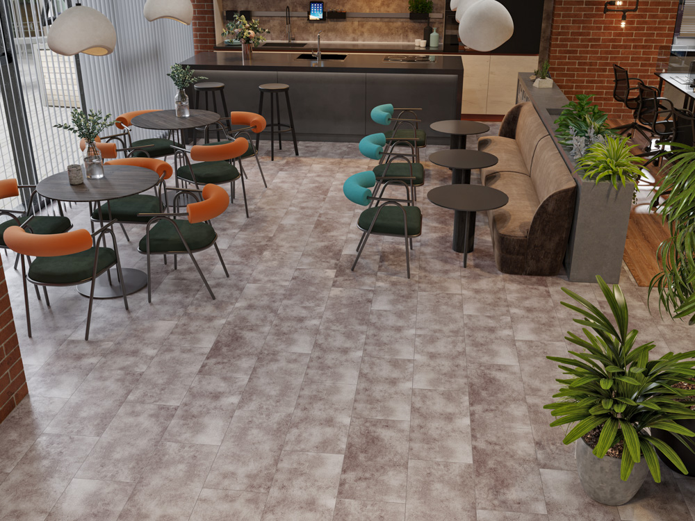 Кварцвиниловый SPC ламинат Cronafloor Stone Торнадо Дымчатый BD-1790-10 600×300×4 фото в интерьере